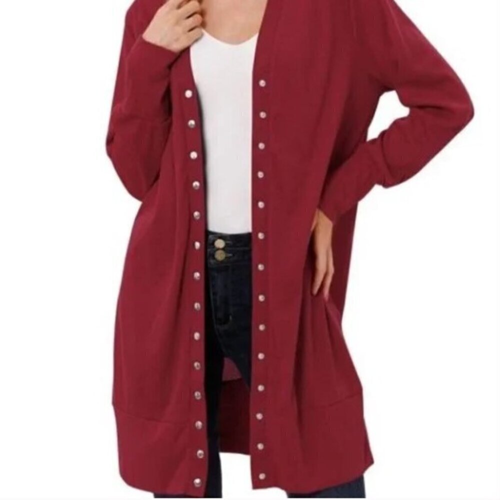 Halife Burgundy Snap Front Long Knit Cardigan Sweater M
